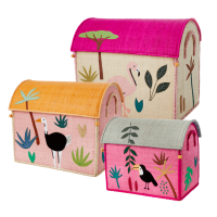 Set of 3 Jungle Animal Theme Raffia Toy Storage Baskets in Pink By Rice DK